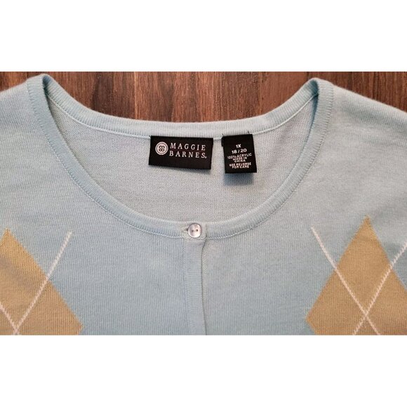 Maggie Barnes Aqua Brown Argyle 3/4 Sleeve Lightweight Cardigan Sweater Sz 1X - Picture 4 of 5